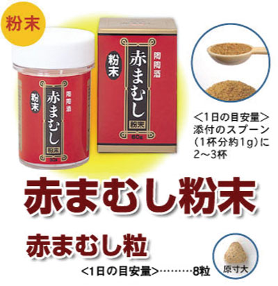 粉末＜１日の目安量＞添付のスプーン（一杯分約1g）に2～3杯赤まむし粉末赤まむし粒（1日の目安量）・・・・・・・・・8粒